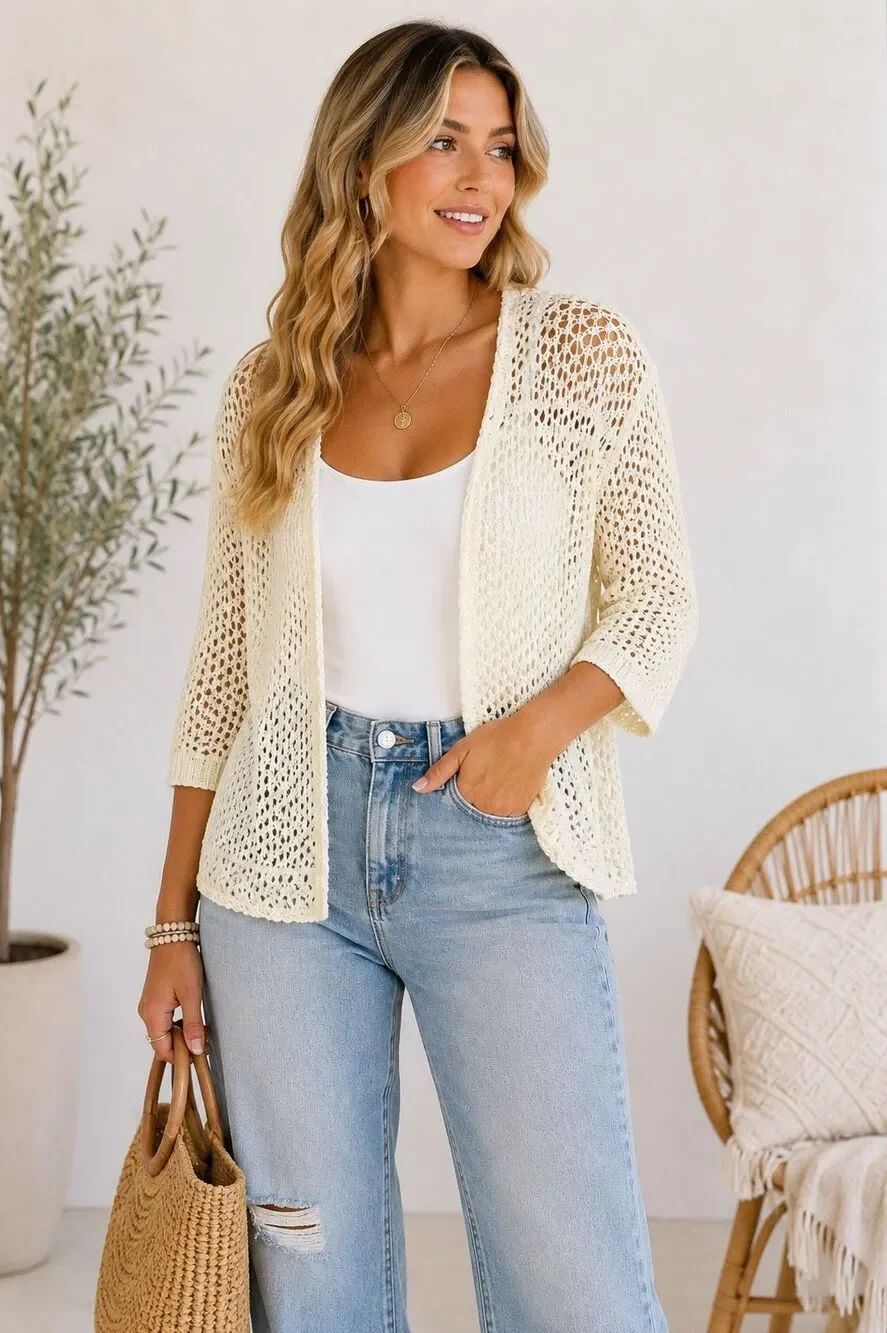 Charter Club Boho Ivory Open Knit Crochet Cardigan Large